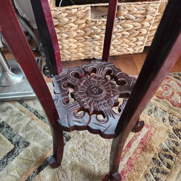 Vintage Rosewood Carved Marble Top 33" Plant Stand Planter Dark Wood Cherry 50s - Picture 4 of 12